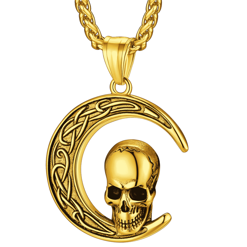 Flash Celtic Crescent Moon Skull Necklace for