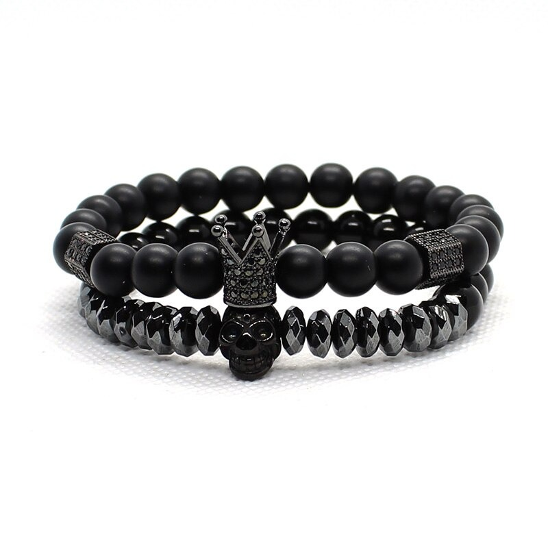 Bracelet With Matte Stone Beads / Set Jewelry of Crown and Skull