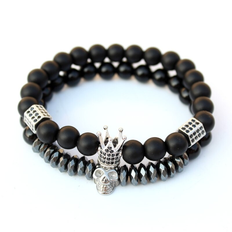 Bracelet With Matte Stone Beads / Set Jewelry of Crown and Skull