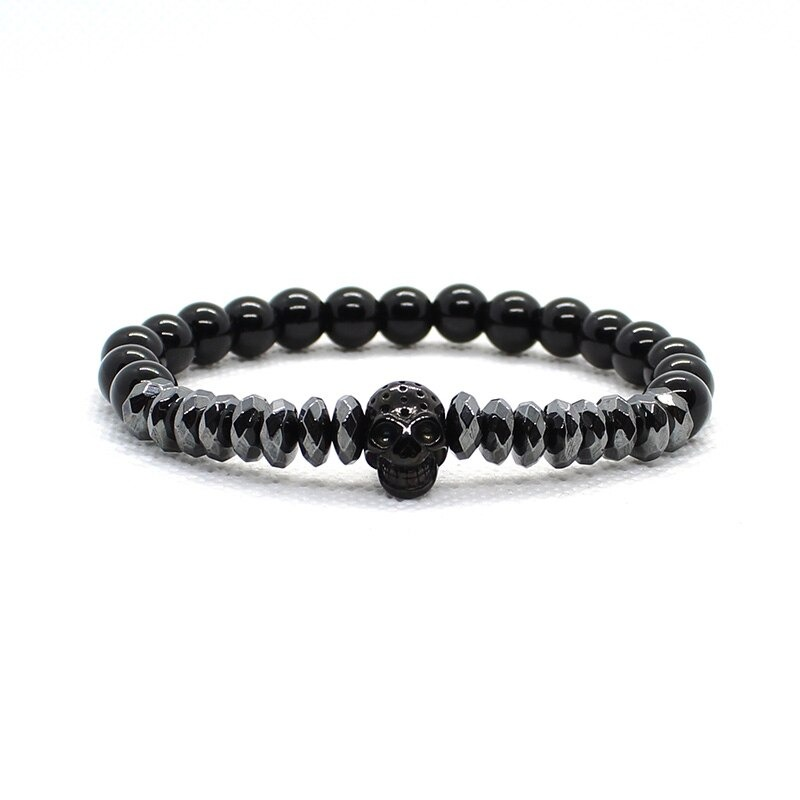 Bracelet With Matte Stone Beads / Set Jewelry of Crown and Skull