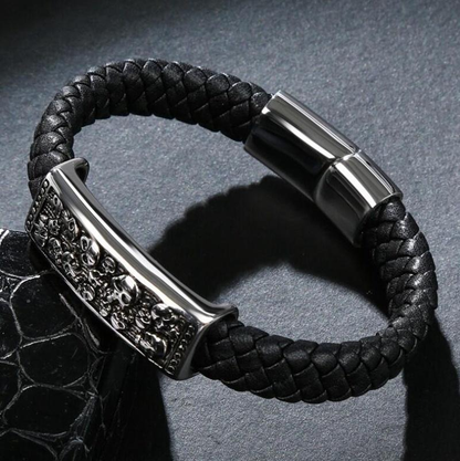 Genuine Leather Stainless Steel Bracelet With Skulls / Jewelry in Rock Punk Style