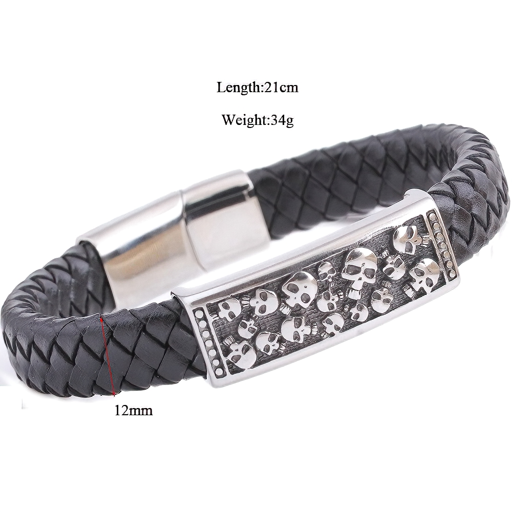 Genuine Leather Stainless Steel Bracelet With Skulls / Jewelry in Rock Punk Style