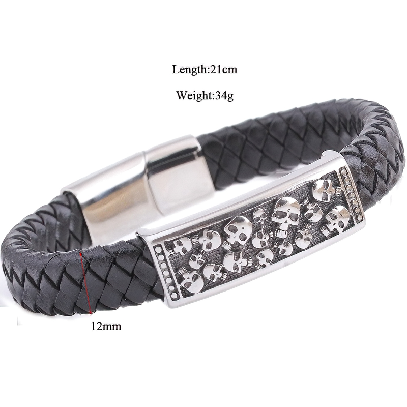 Genuine Leather Stainless Steel Bracelet With Skulls / Jewelry in Rock Punk Style