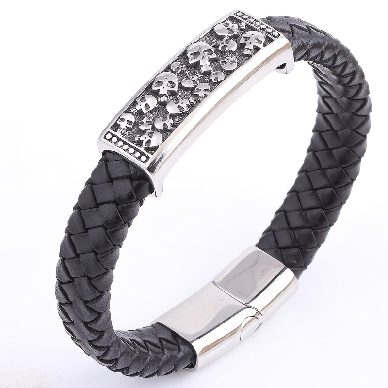 Genuine Leather Stainless Steel Bracelet With Skulls / Jewelry in Rock Punk Style