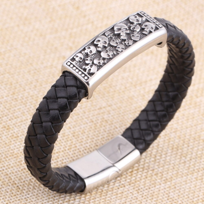Genuine Leather Stainless Steel Bracelet With Skulls / Jewelry in Rock Punk Style
