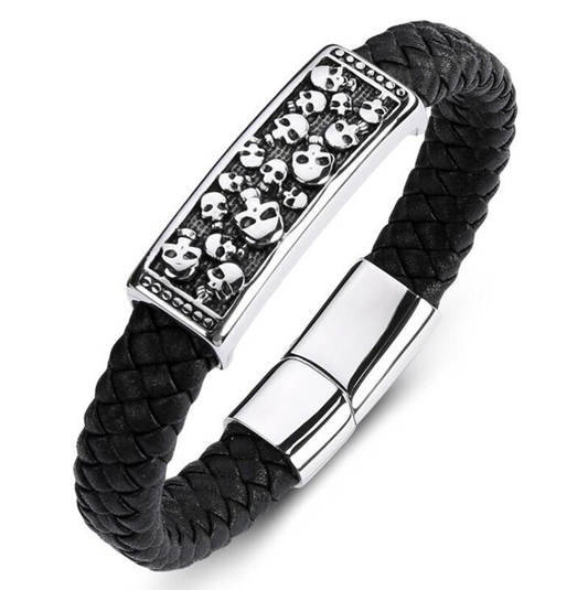 Genuine Leather Stainless Steel Bracelet With Skulls / Jewelry in Rock Punk Style