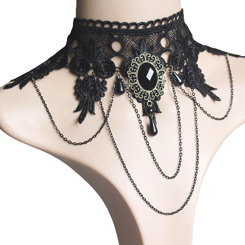 Gothic Lace Necklace for / Jewelry With Black Big Stone