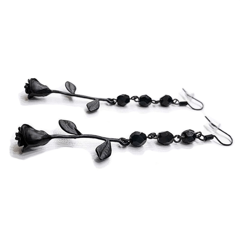 Inverted Rose Beaded Earrings / Glamour Black Earrings / Gothic Jewelry
