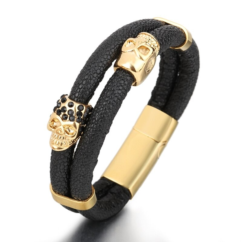 Stainless Steel Magnetic Clasp Skull Bracelet / Punk Style Genuine Leather Jewelry