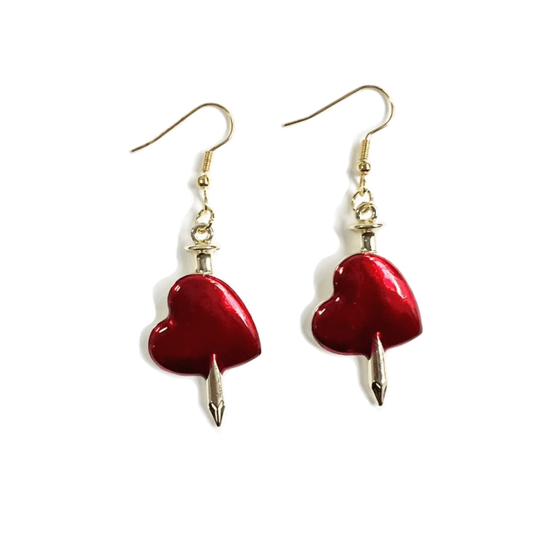 One Arrow Pierced Red Heart Earrings / Gothic Style Earrings