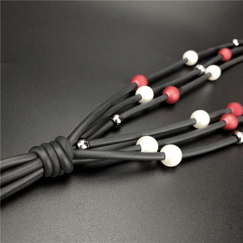 Red and White Pearls Long Necklace / Jewelry / Handmade Rubber Accessories