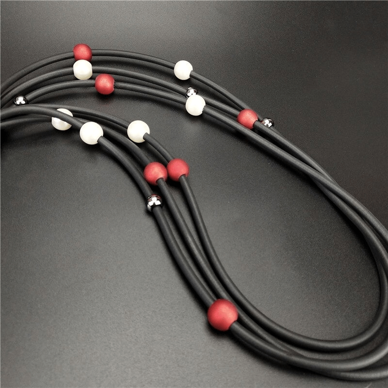 Red and White Pearls Long Necklace / Jewelry / Handmade Rubber Accessories