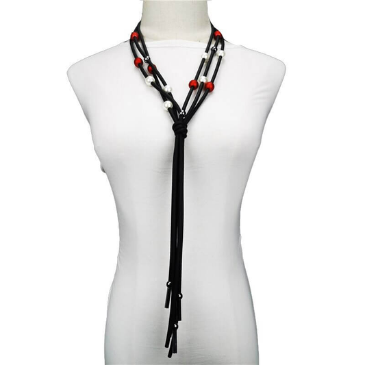Red and White Pearls Long Necklace / Jewelry / Handmade Rubber Accessories