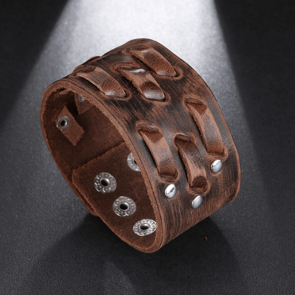 Wide Genuine Leather Bracelet / Brown Wide Cuff Bracelets / Punk Jewelry
