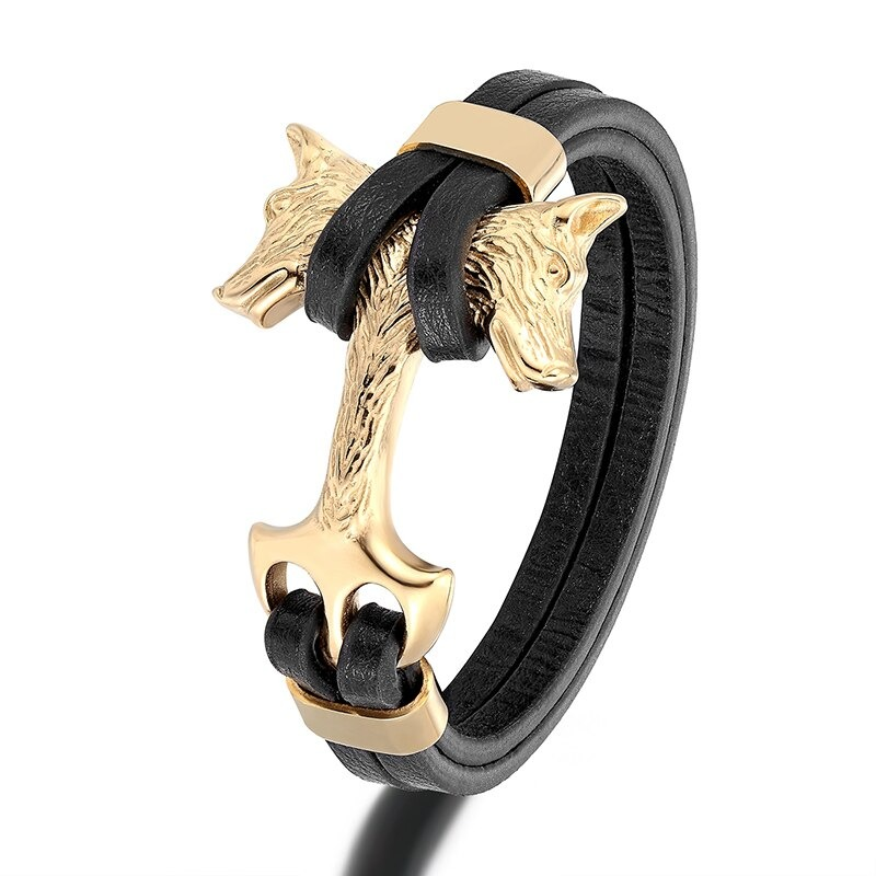 Wolfs Heads Anchor Bracelet / Leather Braslets in Punk Style