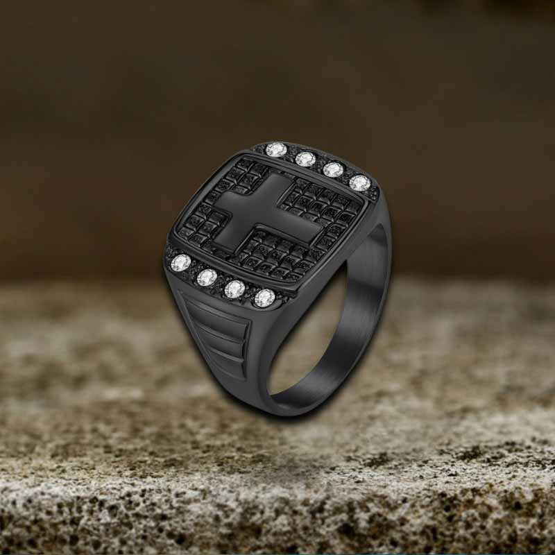 Cross Diamond-set Stainless Steel Ring