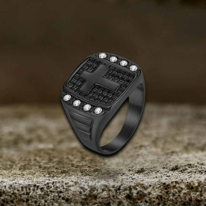 Cross Diamond-set Stainless Steel Ring