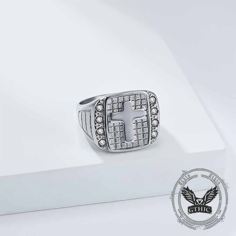 Cross Diamond-set Stainless Steel Ring