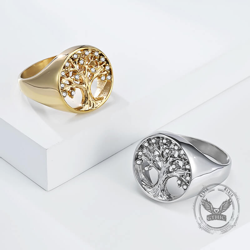 Gem Hollowed Tree of Life Stainless Steel Viking Ring