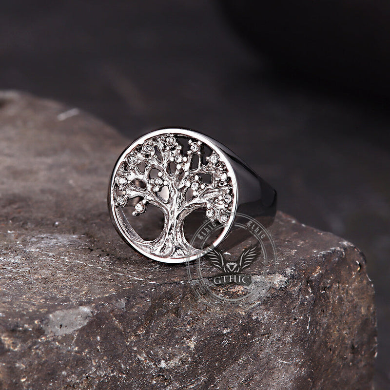Gem Hollowed Tree of Life Stainless Steel Viking Ring