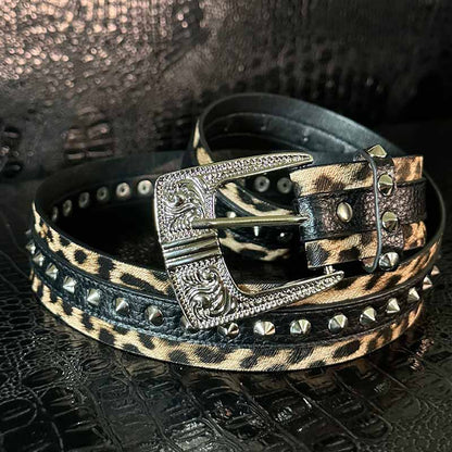 Leopard Print Rivet Splicing Pu Leather Belt