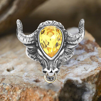 Fashionable Multicolor Gem Bull Head Stainless Steel Ring
