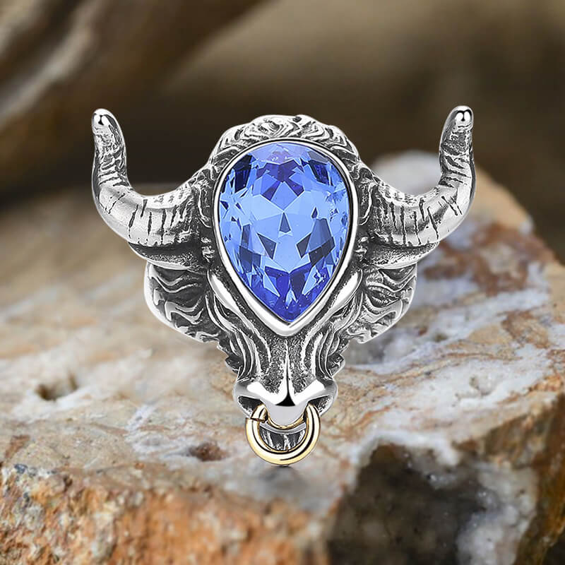 Fashionable Multicolor Gem Bull Head Stainless Steel Ring
