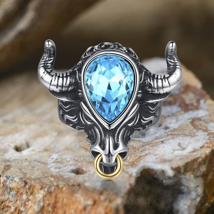 Fashionable Multicolor Gem Bull Head Stainless Steel Ring