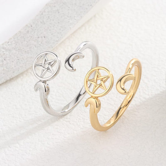 Divine Pentacle Crescent Moon Ring
