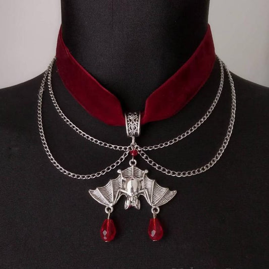 Gothic Enchantment: Crimson Velvet Choker With Midnight Bat Pendant
