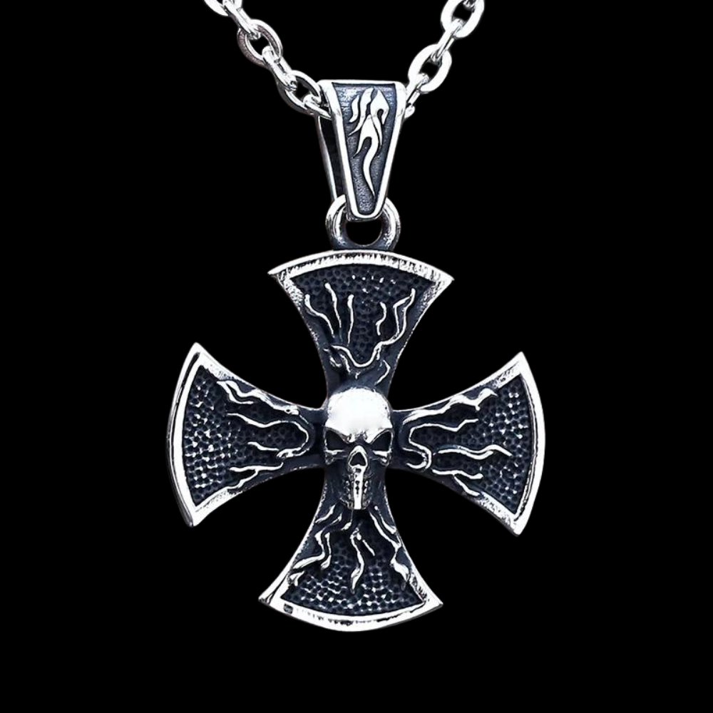 Flaming Cross Pattee Skull Pendant