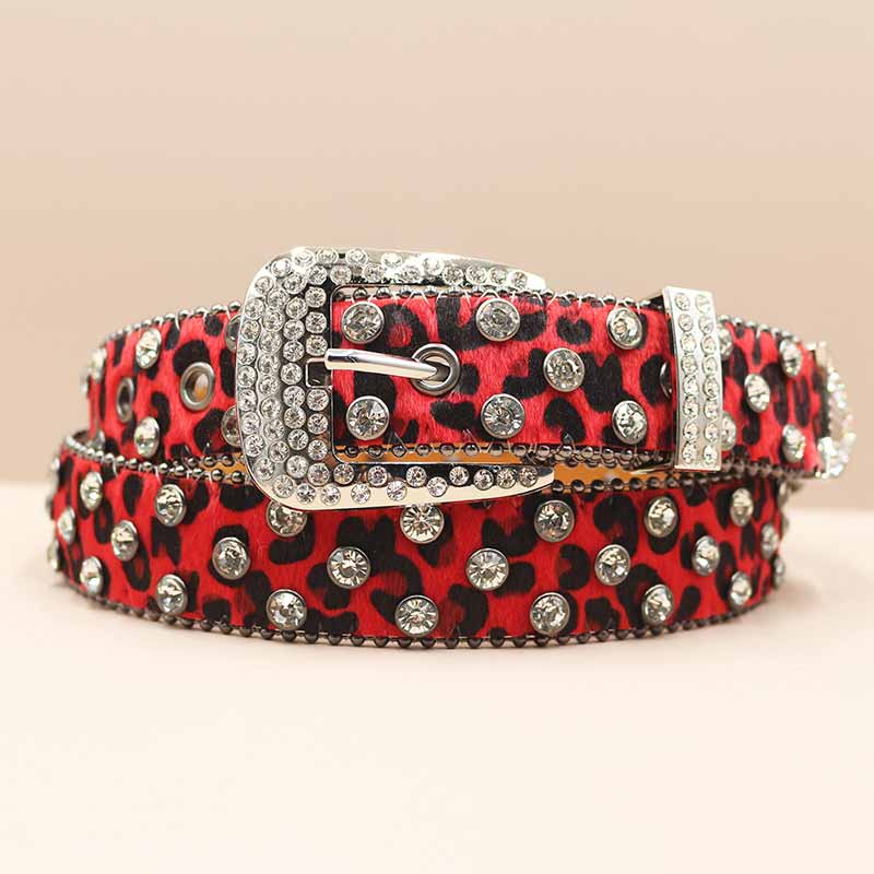 Full Rhinestone Y2k Leopard Print Pu Leather Belt