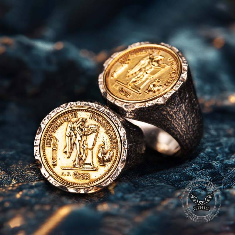 Gallic Rooster Victory Angel Badge Sterling Silver Ring