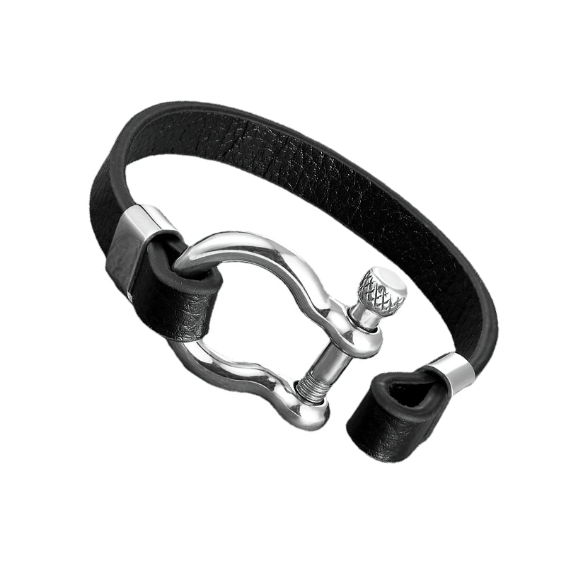 Geometric Circle Toggle-clasps Genuine Leather Bracelet / Rock Style Stainless Steel Bracelet