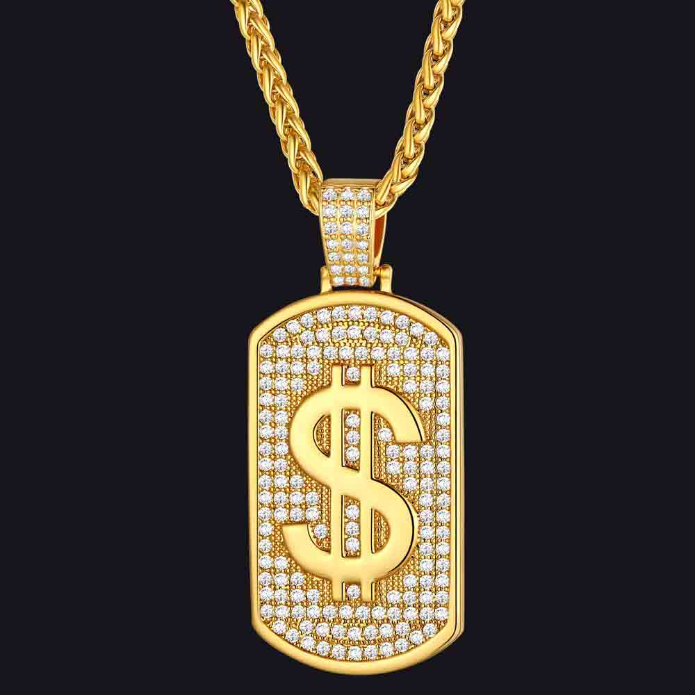 Dollar Cubic Zirconia Bling Dog Tag Necklace for