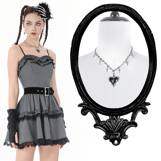 Goth Cross Charm Chain Necklace With Black Heart Pendant