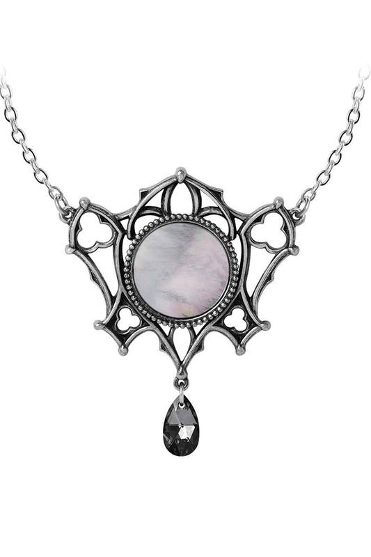 Goth Mother of Pearl Necklace With Dark Crystal Pendant
