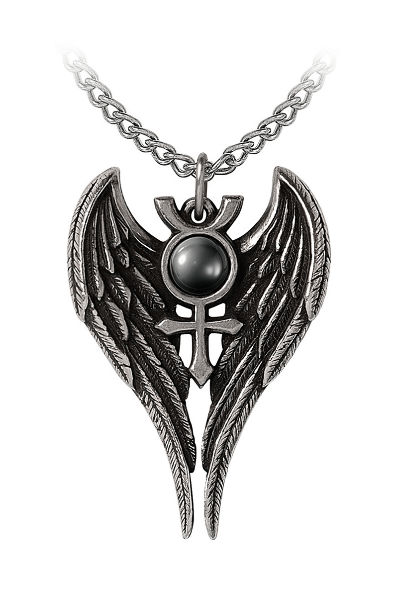 Gothic Angel Wing Pendant With Mercury Symbol and Stone