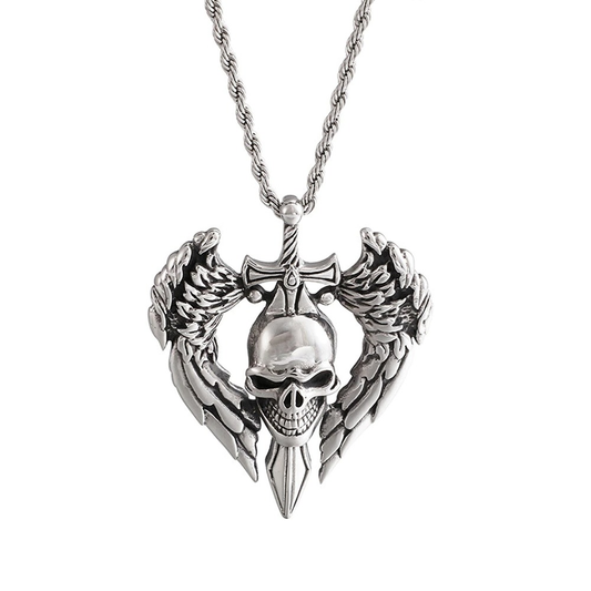 Gothic Angel Wing Skull Pendant Necklace Stainless Steel / Punk Biker Skull Jewelry for and