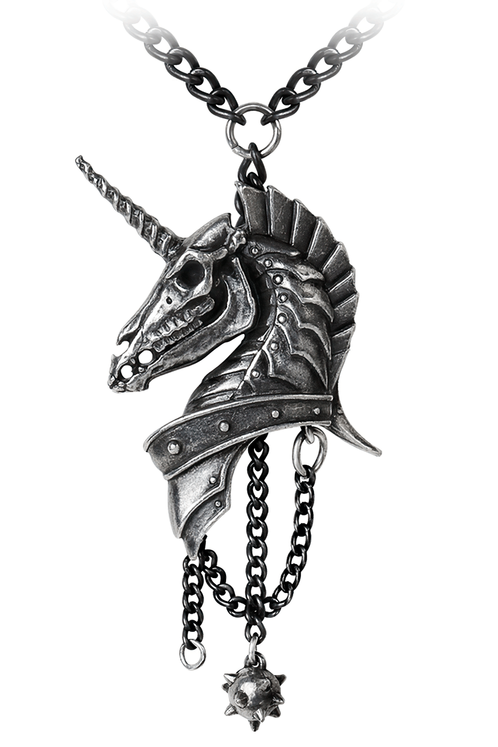 Gothic Antiqued Pewter Skeletal Unicorn Head Pendant