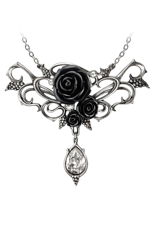 Gothic Black Rose Necklace With Teardrop Crystal Charm