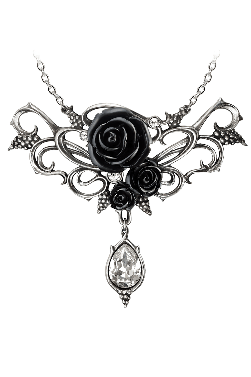 Gothic Black Rose Necklace With Teardrop Crystal Charm