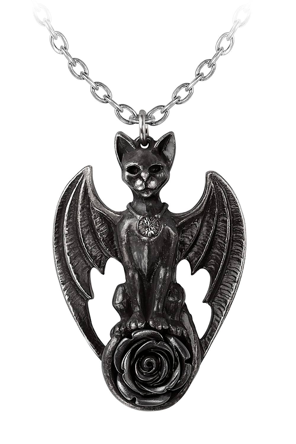 Gothic Cat With Wings and Rose Pendant Necklace