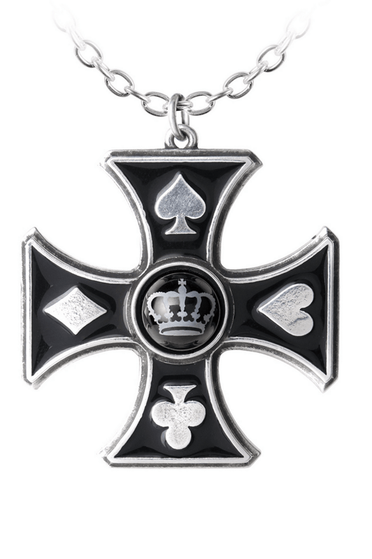 Gothic Cross Pendant With Crown and Card Suit Motifs