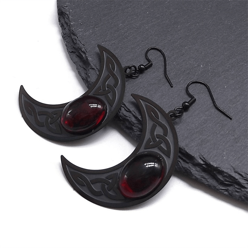 Gothic Dark Celtic Earring for / Stainless Steel Crescent Form Earrings With Red Stone