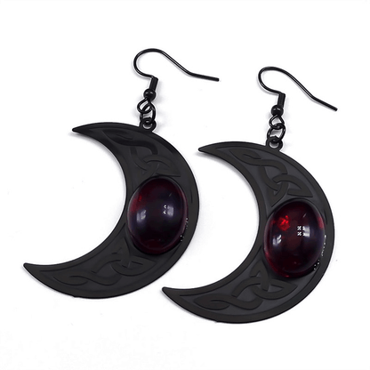 Gothic Dark Celtic Earring for / Stainless Steel Crescent Form Earrings With Red Stone