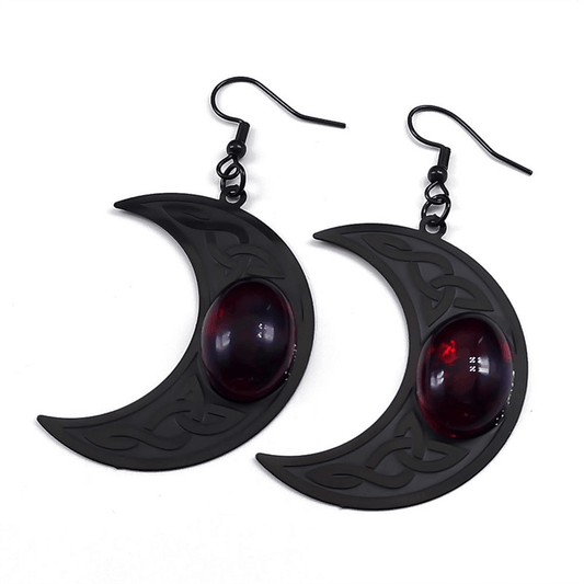 Gothic Dark Celtic Earring for / Stainless Steel Crescent Form Earrings With Red Stone