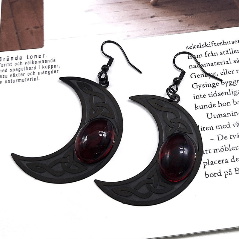 Gothic Dark Celtic Earring for / Stainless Steel Crescent Form Earrings With Red Stone