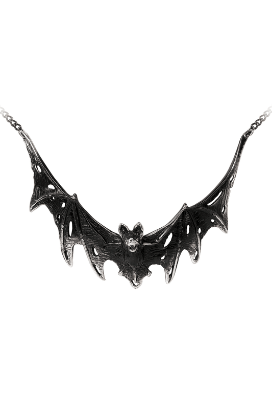 Gothic Dark Pewter Swooping Bat Pendant Necklace