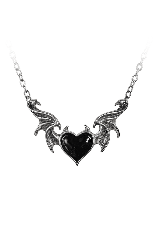 Gothic Demon Heart Necklace With Black Enamel Wings